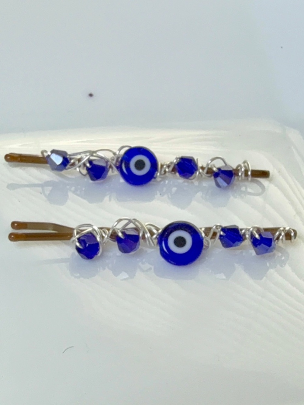 Royal Blue Evil Eye and Blue Crystal Beaded Bobby Pins